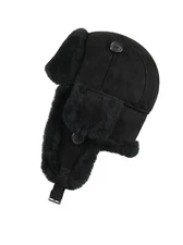 Unisex Trapper Leather Aviator Genuine Shearling Sheepskin Hat-Black