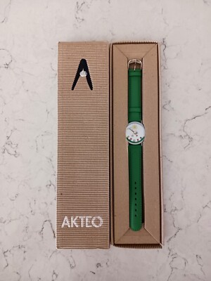 Vtg AKTEO Ladies Watch With Green Band Gardener Theme New Old Stock 1990s w/ Box