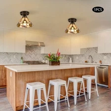 Vintage Ceiling Light Chandelier Stained Glass Lamp Corridor Flush Mount Fixture