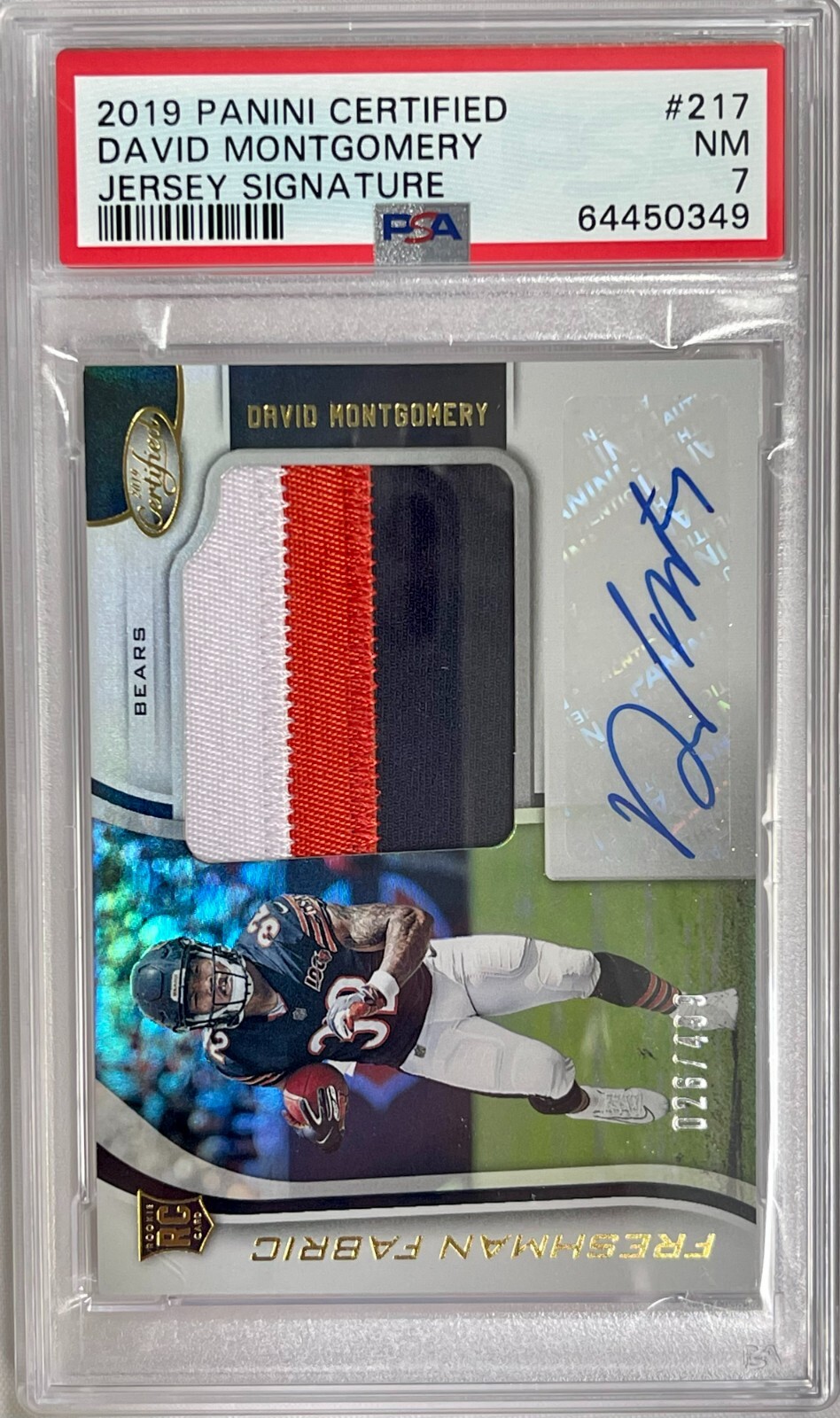 2019 Panini Certified David Montgomery #217 Auto 3 Color Patch Rookie PSA NM 7