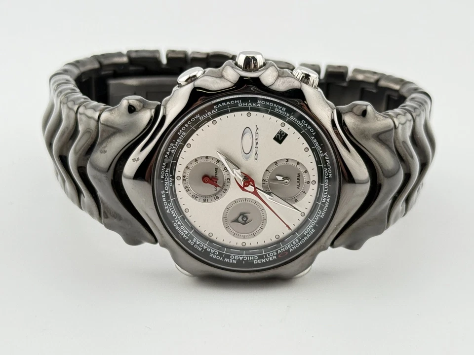 Oakley Watch GMT Ion Plated Black Stainless Steel White Dial 10-143 New Battery - Image 2 of 4