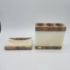 2 Piece Waterstone Dark Travertine Genuine Marble Toothbrush Holder/Soap Dish