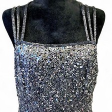 90s Vintage Scala Black Sequin Silk Gown Prom Queen Maxi Dress M