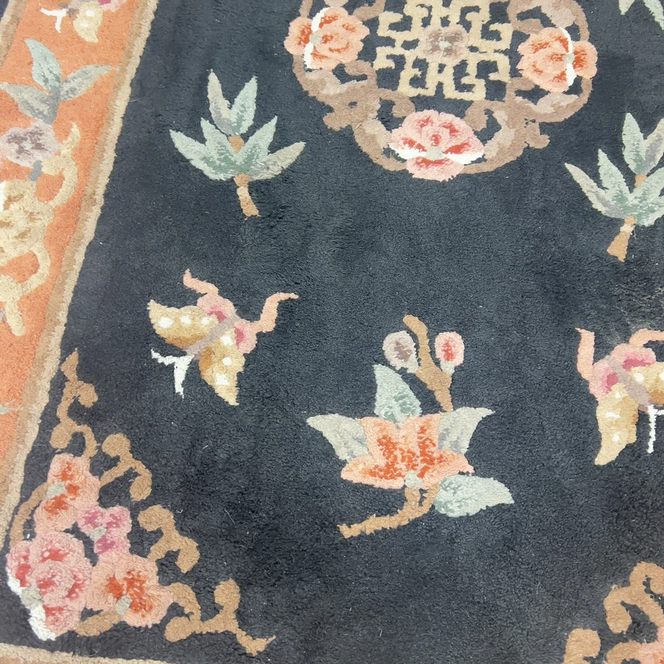 Vintage Art Deco Reproduction Chinese Wool Rug Floral Butterflies Black - Image 4 of 4