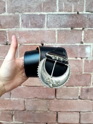Gürtel Echtleder Vintage Schnalle Silber Brillanten Leather Black Belt 