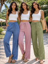 Womens Wide Leg Cotton DENIM Pants Elasticated high Waist Casual Trousers Soft