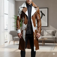 NEW Mens Cowhide Leather Trench Coat Brown White Long Western Streetwear Jacket