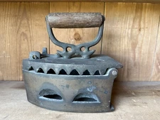 Antique Clothes Steam Iron Coal Powered Cast Heavy Metal Vintage Wood Handle
