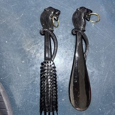 Vintage Black 1970s Shoe Horn: Lion Head Design With Gold Ring 7.5"