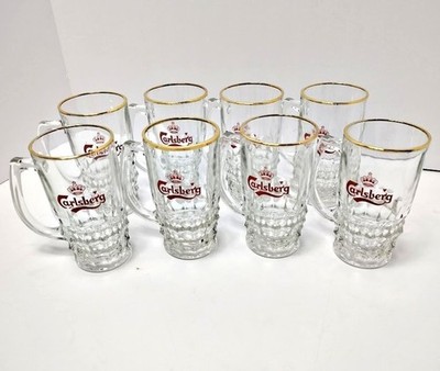 Set 8 Vintage Carlsberg Beer Mugs .25 Liter Half Pint 5.25 Inch Gold Rim Glasses