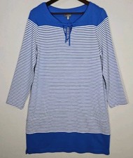 T By Talbots Women’s Blue White Striped Long Sleeve Dress Size Large Tie Neck