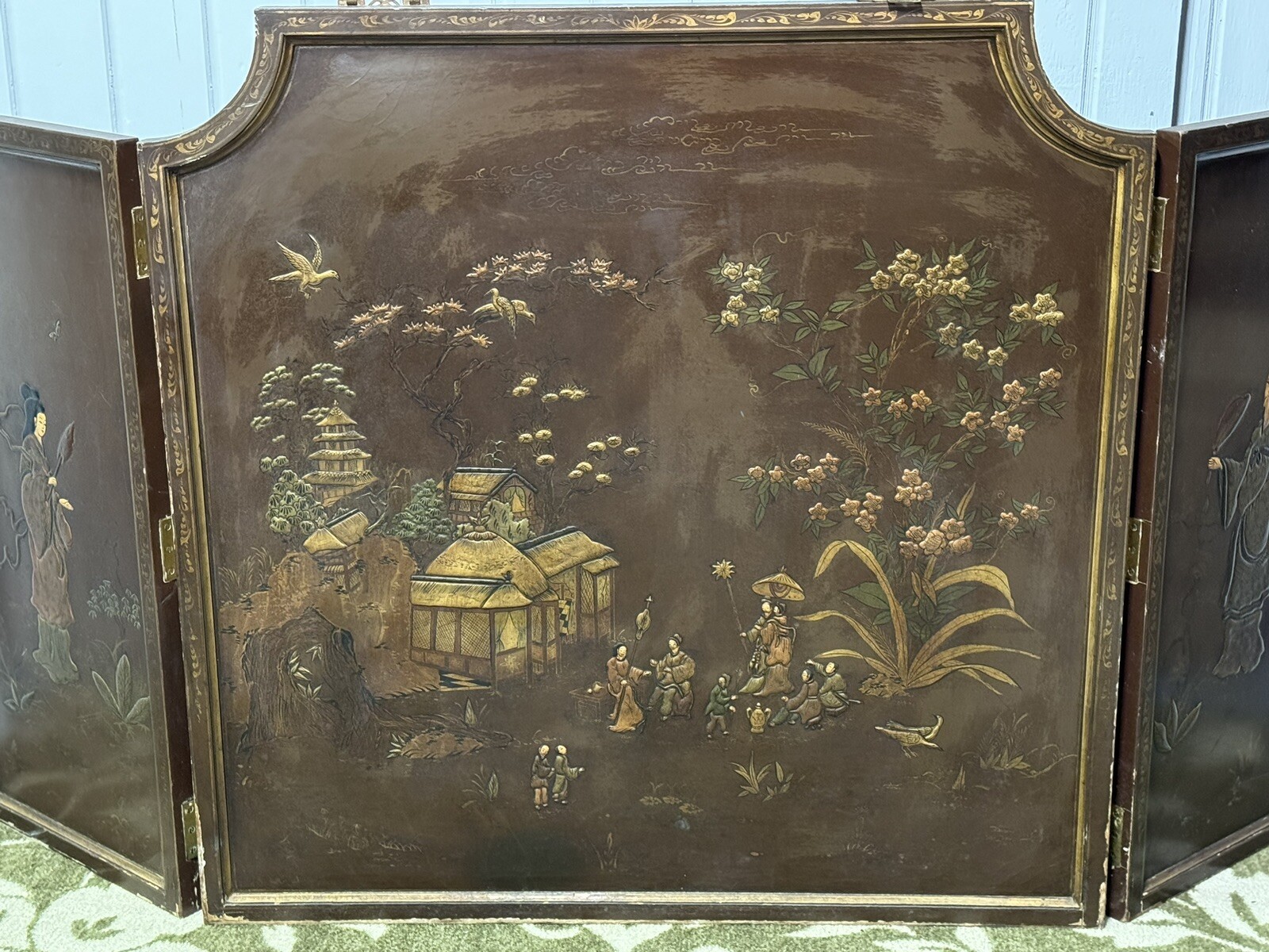 Vintage Chinese 3 Panel Screen Wall Art Inlaid Deities Village Scene Gold Accent