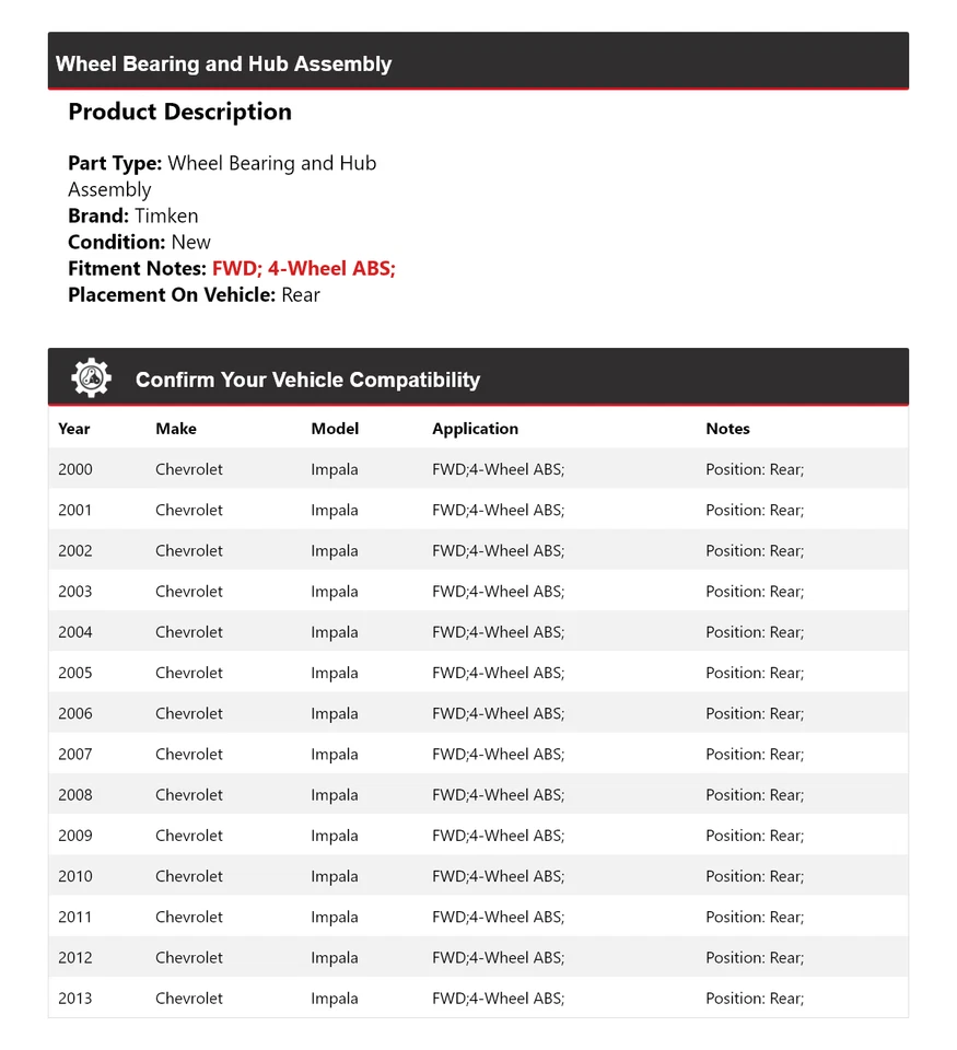Conjunto de cojinete de rueda y buje trasero Timken para Chevrolet Impala 2000-2013 tracción delantera Foto 2 de 4