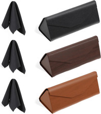 3 Pack Portable Hard Shell Glasses Case, PU Leather, Foldable, with 3 Cleaning C