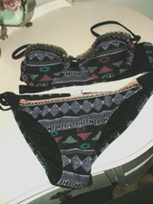 Black multi Bikini Top 8 bottom 12 River Island underwired bra, aztec pattern,
