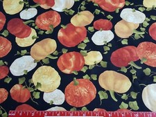 Pumpkins on Black Leaf Into Autumn Pumpkin Harvest Cotton Fabric -Hal yard