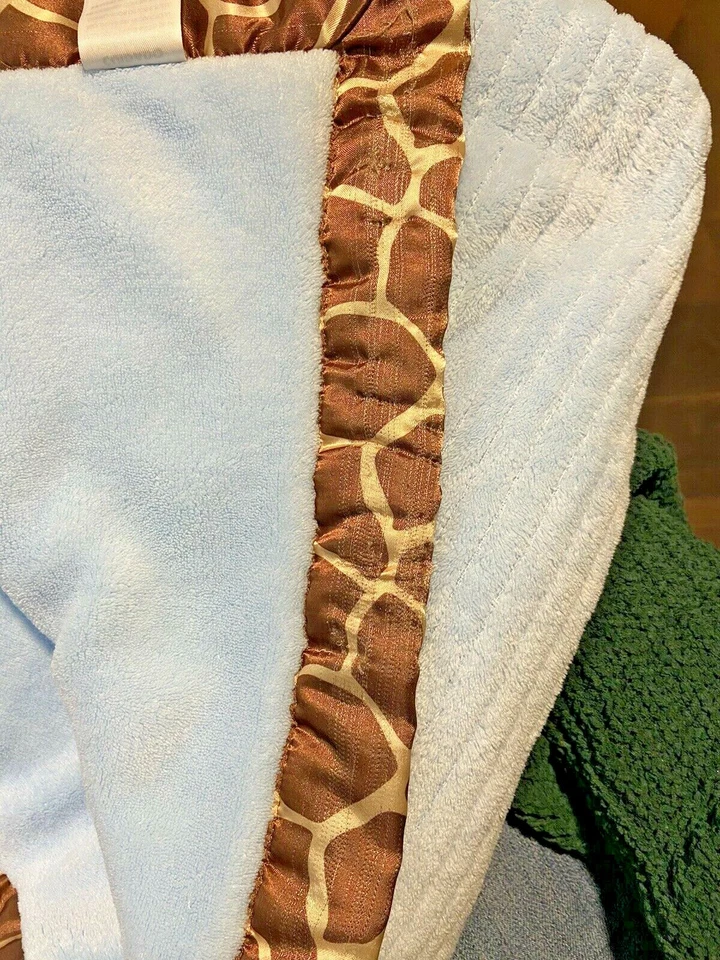 Sutton & Sons Blue Plush Baby Blanket Brown Giraffe Print Satin Trim 30x40 Lovey - Image 2 of 3