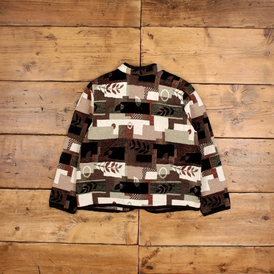 Chaqueta tapiz vintage Studio Works M retazos geométricos marrón para mujer Foto 2 de 4