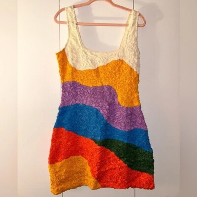 NEW NWT Mara Hoffman Rainbow Multicolor Laura bodycon popcorn mini dress LARGE