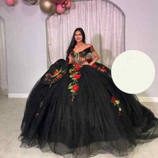 Black Quinceanera Dresses Bow Crystals Off Shoulder Applique Lace Tull Sweet 16