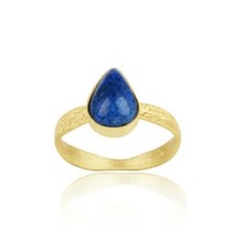 Yellow Gold Plated Pear Lapis lazuli Gemstone 925 Silver Texture Ring Jewelry