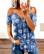 T-SHIRT FEMME sexy Haut BLEU décontracté Printemps Cœur chaine col en V NEUF