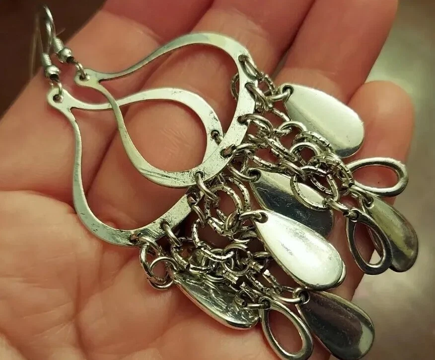 PENDIENTES COLGANTES LARGA CORTINA CASCADA PLATA GRAN DECLARACIÓN FLECOS Foto 3 de 4