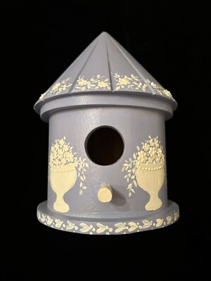 Unique Hand Painted 8  Tall Wooden Birdhouse. White On Blue Floral Pattern.