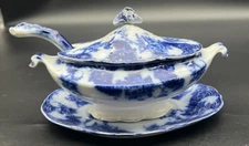 Flow Blue Lois Covered Vegetable Sauce Dish Tureen with Spoon 1891-1907