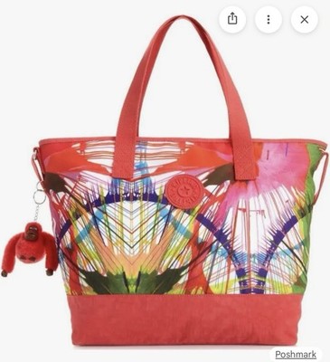 Kipling Brasil Asiena Print Beach Bag With Monkey Charm NWOT