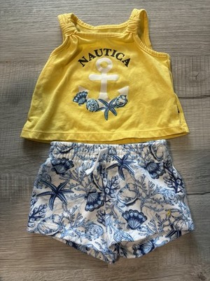 Baby Girl Summer Tank Top And Shorts Set Yellow Blue 12 Months NAUTICA Seashells