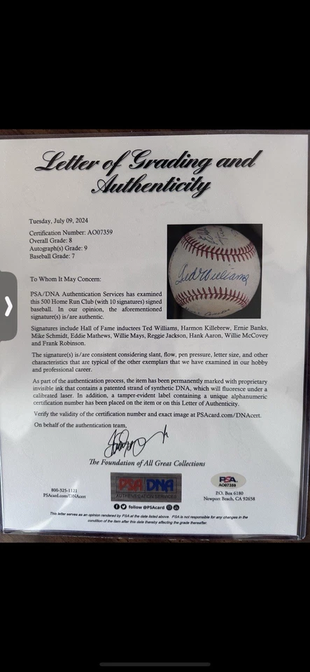PSA/DNA Authentication 500 Home Run Club (with 10 signatures) signed baseball. - Image 2 of 4
