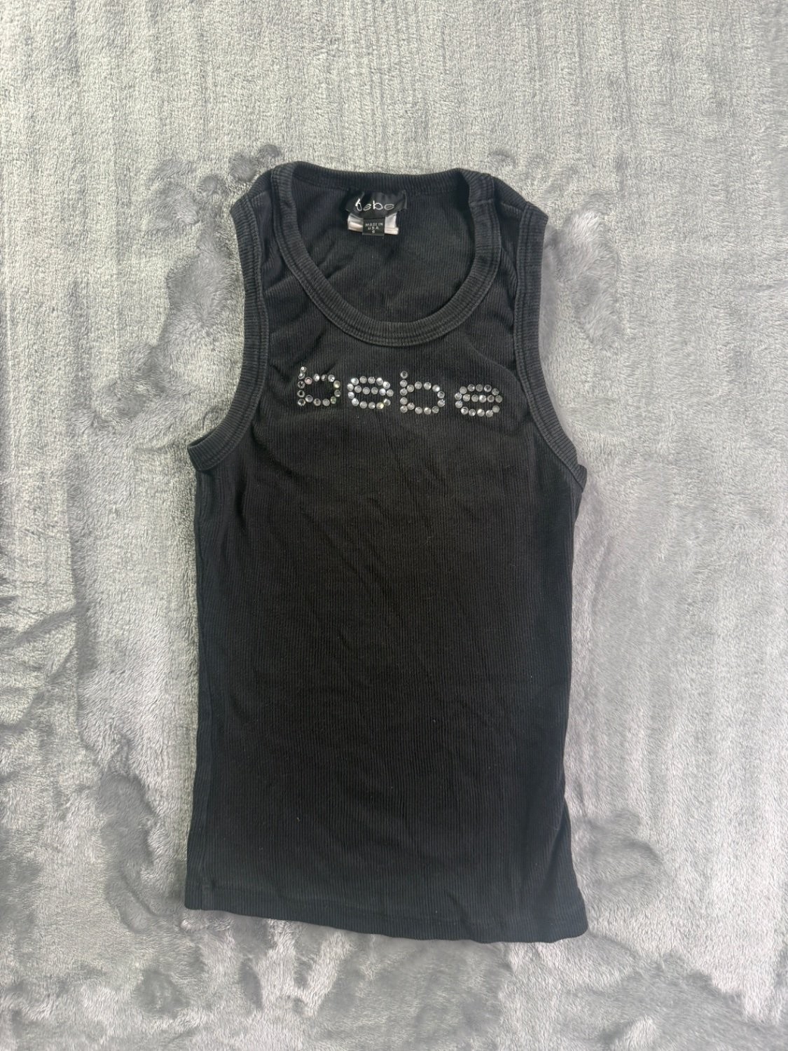 bebe Women's Black Ribbed Tank Top Rhinestone Logo Y2K Style Size S