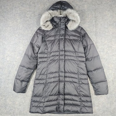 Columbia Damen Schwarz Daunen Puffer Mantel Jacke Fellbesatz Kapuze Lang Winter Größe S