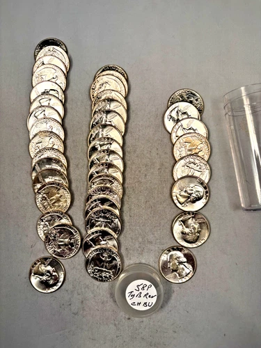 1958P WASHINGTON QUARTER 90% SILVER CH. BU BRILL. UNC. 40 COIN ROLL TYPE B REV.