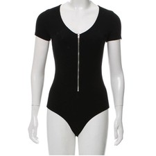Reformation Bodysuit Coco Short Sleeve Women Size XS Black Ribbed Zipper