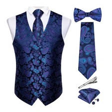 DiBanGu Men's Blue Paisley Vest Necktie Set 6PCS Pre-tied Bow Tie Silk