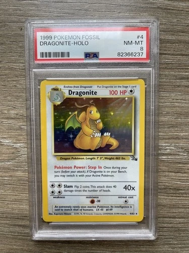 1999 POKEMON FOSSIL #4 DRAGONITE-HOLO PSA 8