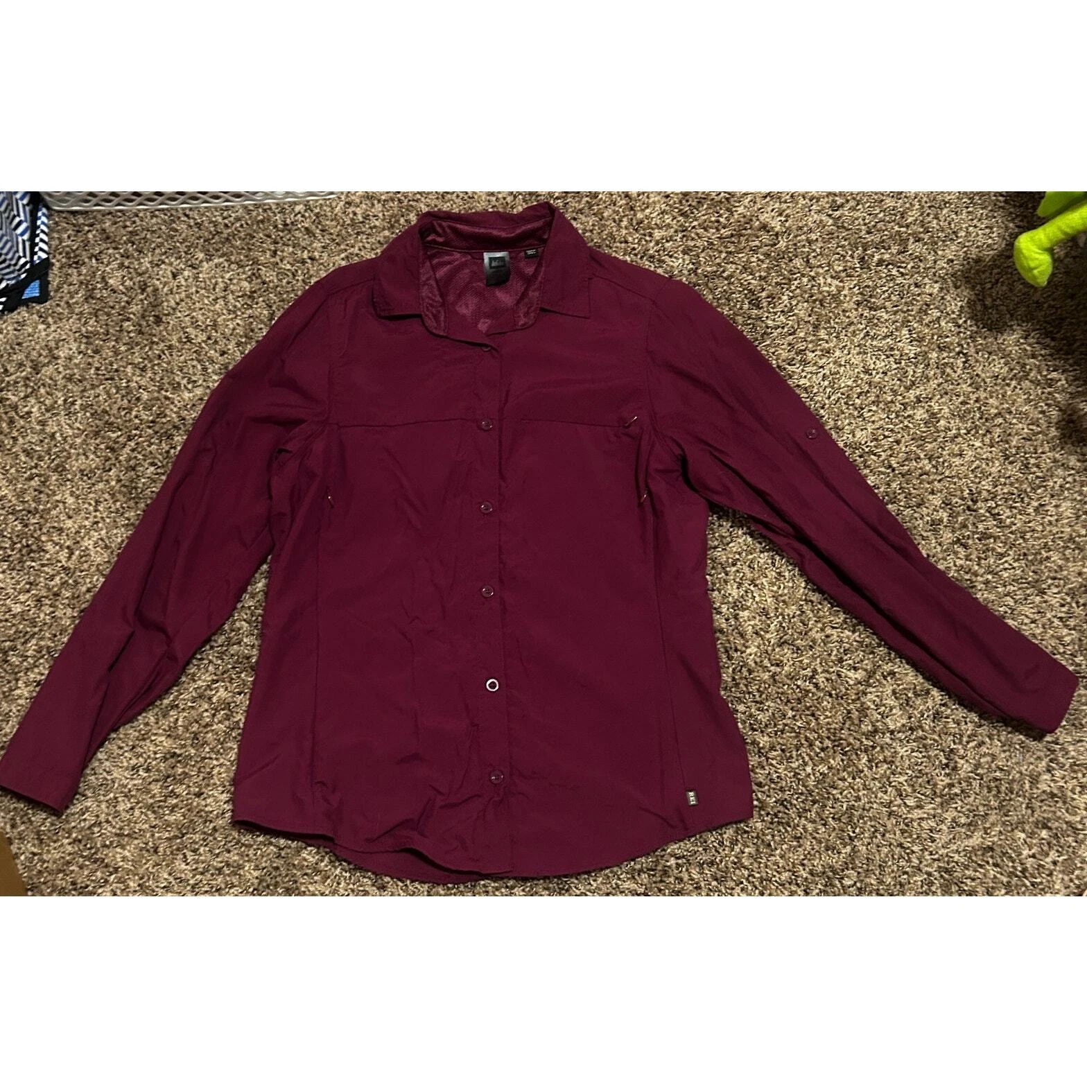 Women's Maroon Button Up Long Sleeve Hiking UPF 30+ Shirt REI Large