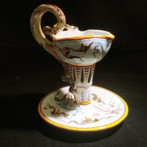 Vintage Art Pottery England Hand painted Dragon Fleur-de-lis Candle Holder