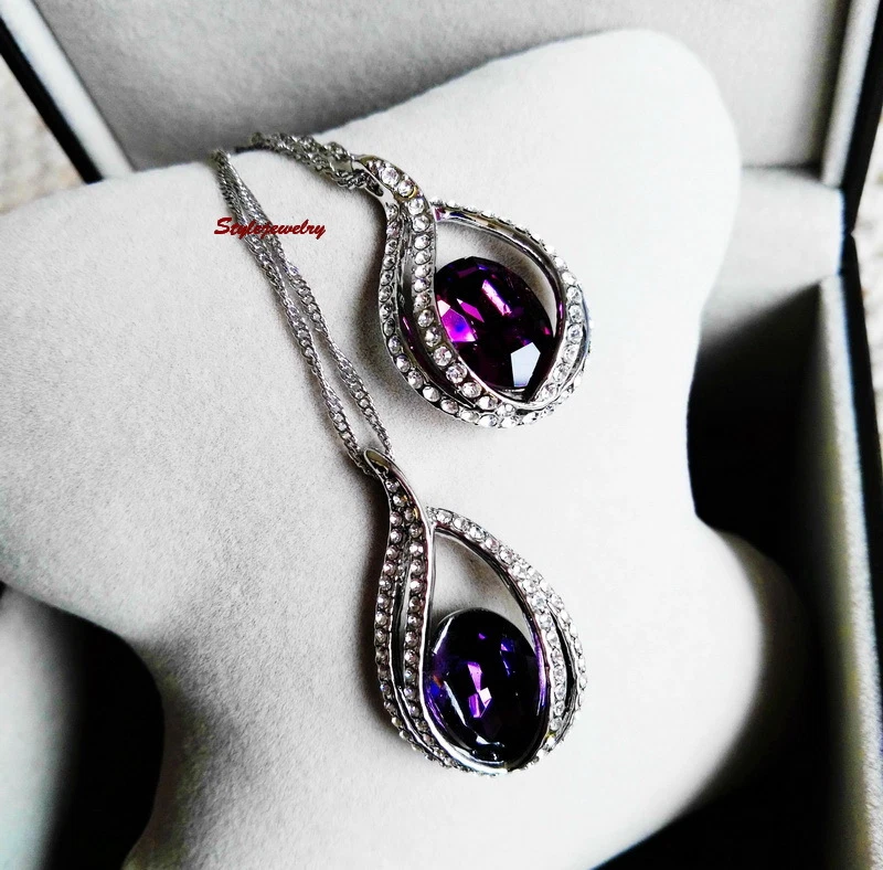Silver Amethyst Purple Teardrop Wedding Necklace Made With Swarovski Crystal N10 Foto 3 de 4