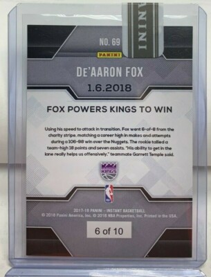 De'Aaron Fox 2017-18 Panini Instant NBA #69 - GREEN Parallel De'Aaron Fox 2017-18 Panini Instant NBA #69 - GREEN Parallel