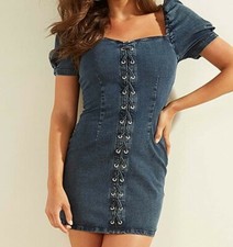 NWT $108 GUESS Courtney Lace-Up Denim Mini Dress Starstruck M
