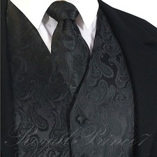 BLACK XS to 6XL 20-B Paisley Tuxedo Dress Vest Waistcoat  Neck tie Wedding Prom