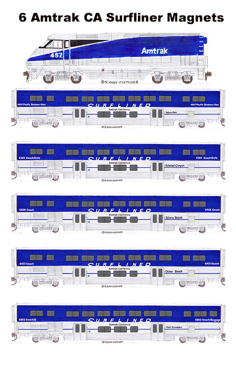 Amtrak California Surfliner (F59PHI) Set of 6 magnets Andy
