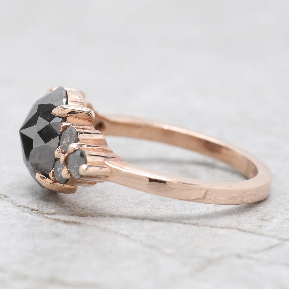 2.69 Ct Rose Cut Salt And Pepper Diamond Ring 14K Rose Gold Engagement Gift Ring - Image 3 of 4