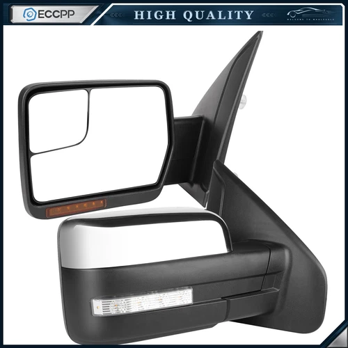 Chrome Power Heated Tow Mirrors For 2004-2014 Ford F150 Turn Signal Puddle Light