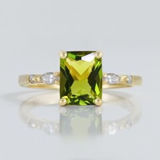 Vintage Radiant Cut Natural Peridot Yellow Gold Plated Silver Engagement Ring