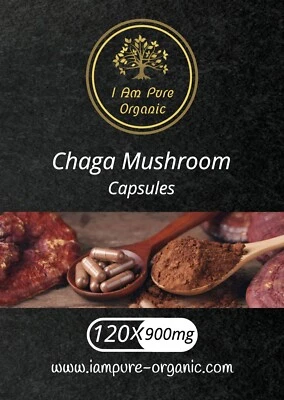 I AM PURE ORGANIC Chaga Mushroom | Pure Raw Organic | 120 x 900mg Vegan Capsules | High strength