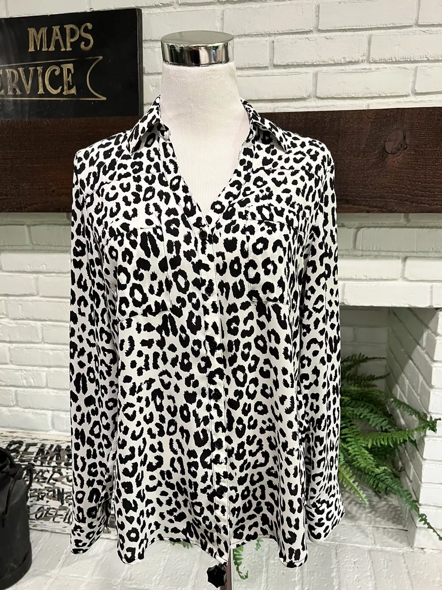 Express Cheetah Leopard Print Long Sleeve Blouse Black White Size